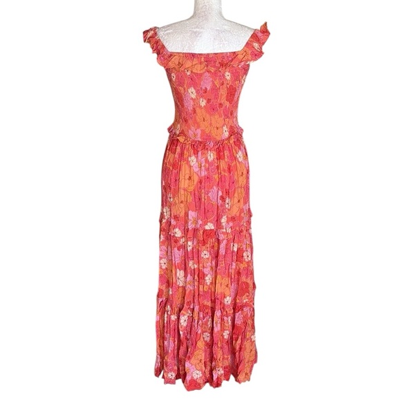 Abel the Label Coral Orange Pink Floral Print Smocked Off Shoulder Maxi Dress XS - Picture 9 of 14
